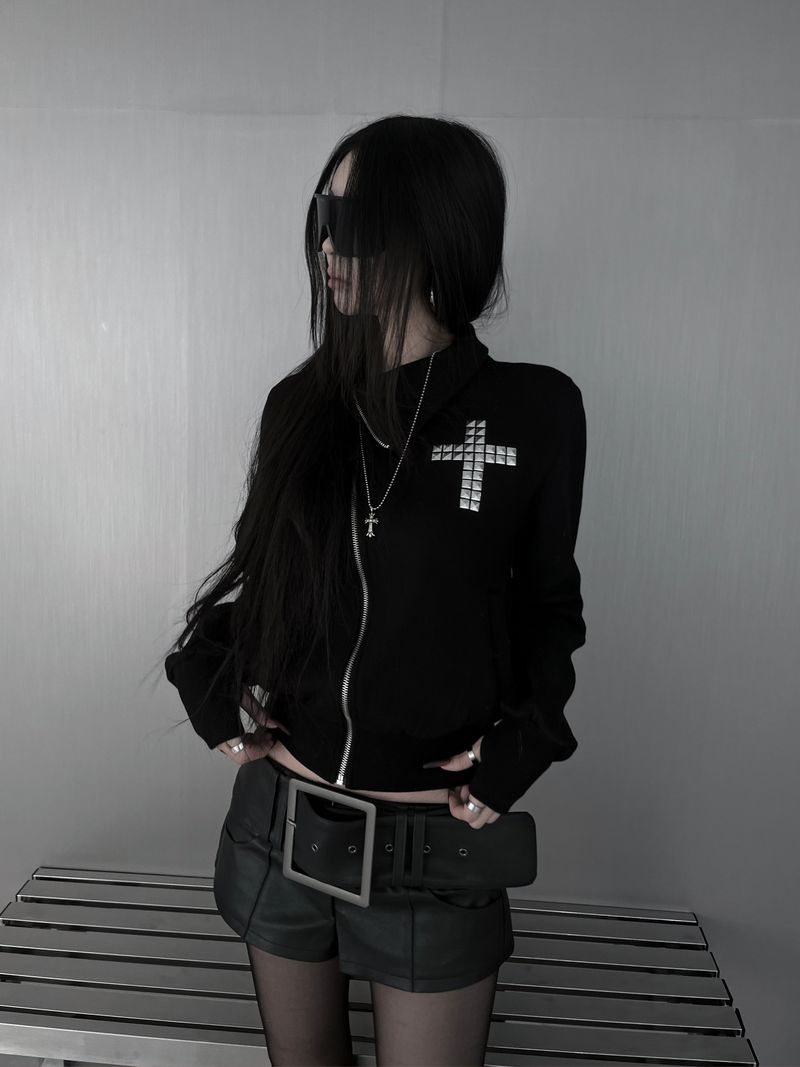cross stud diagonal warmer zip-up (fleece-lined / 2color)