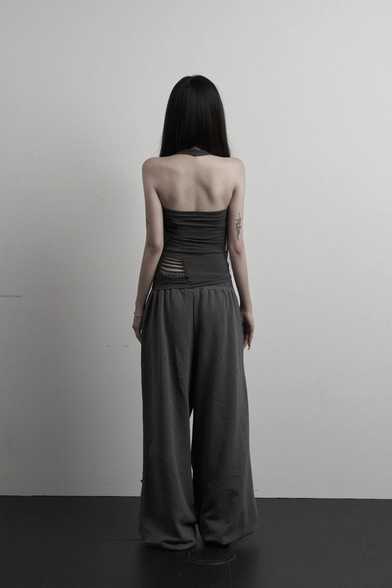 [label] layered tie damage wide pants (charcoal)