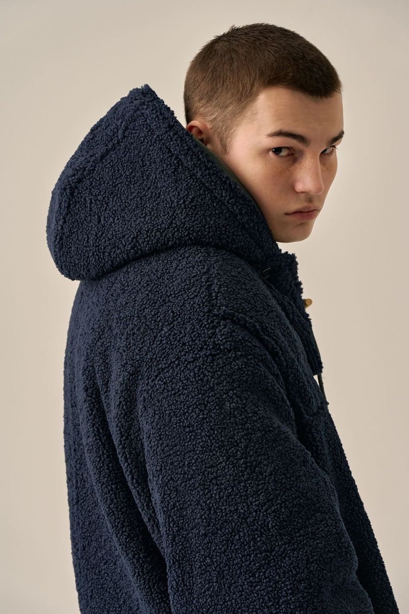 DUFFLE FLEECE HOODED COAT - NAVY