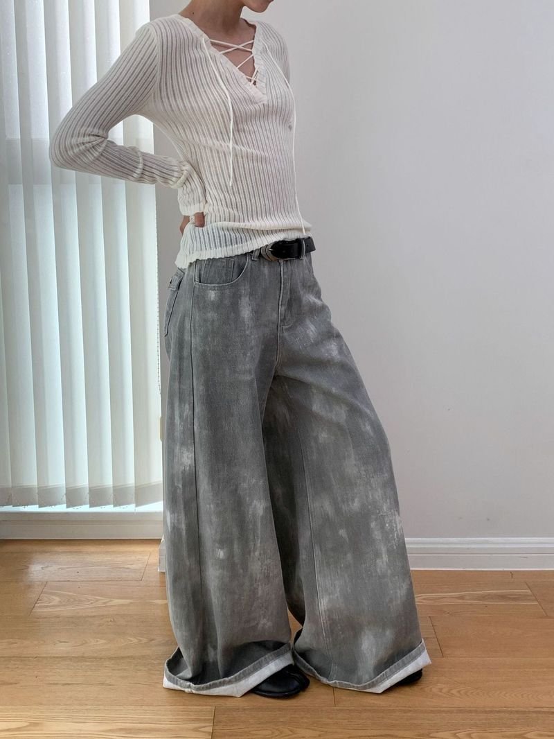 Gray washed wide cotton pants