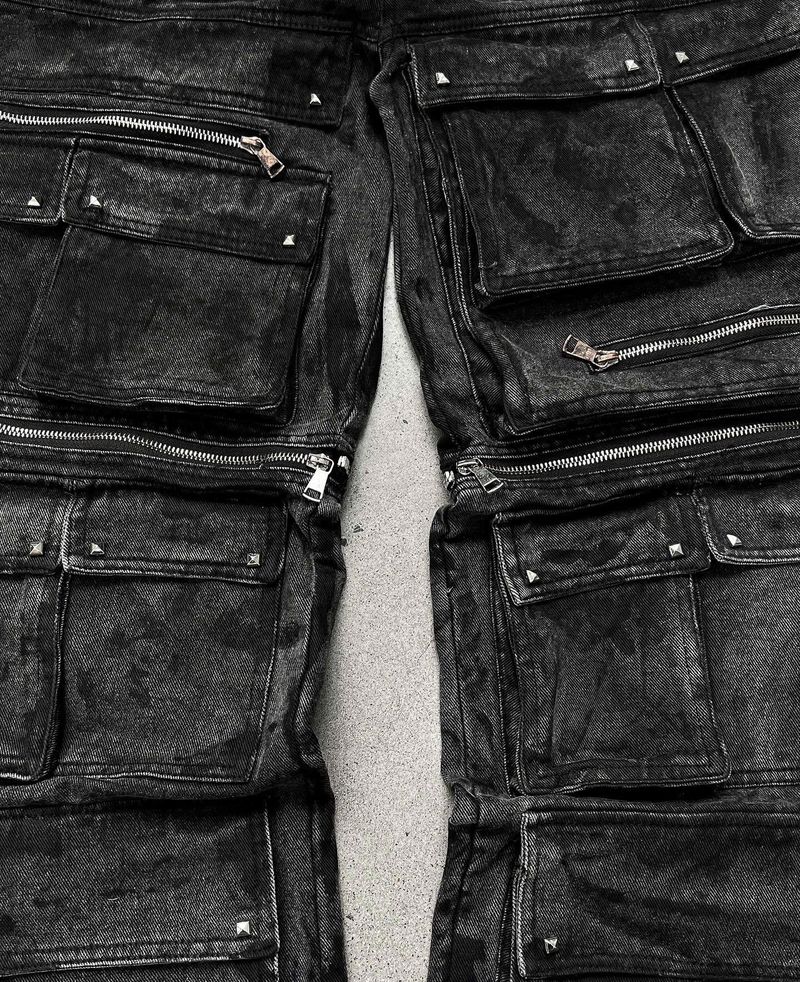 WASH-DENIM CARGO PANTS MULTI POCKET (Black)