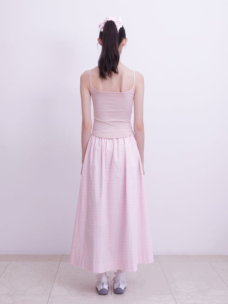 Gingham check pocket shirring Long skirt (PINK)