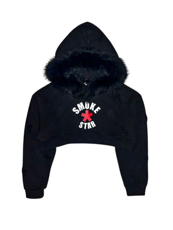 SMOKEASTAR(スモークアスター)の「Destroyed Fur Half Crimson Hoodie (BLACK)(Tops)」