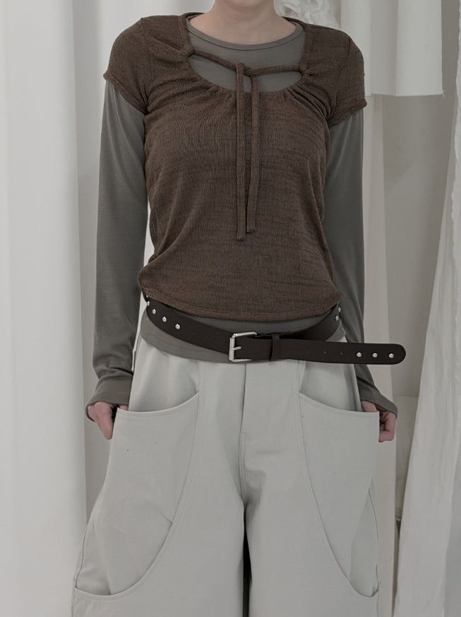 mnem（ムネム）の「Checkered shirring knit layered long sleeve set（Tops）」