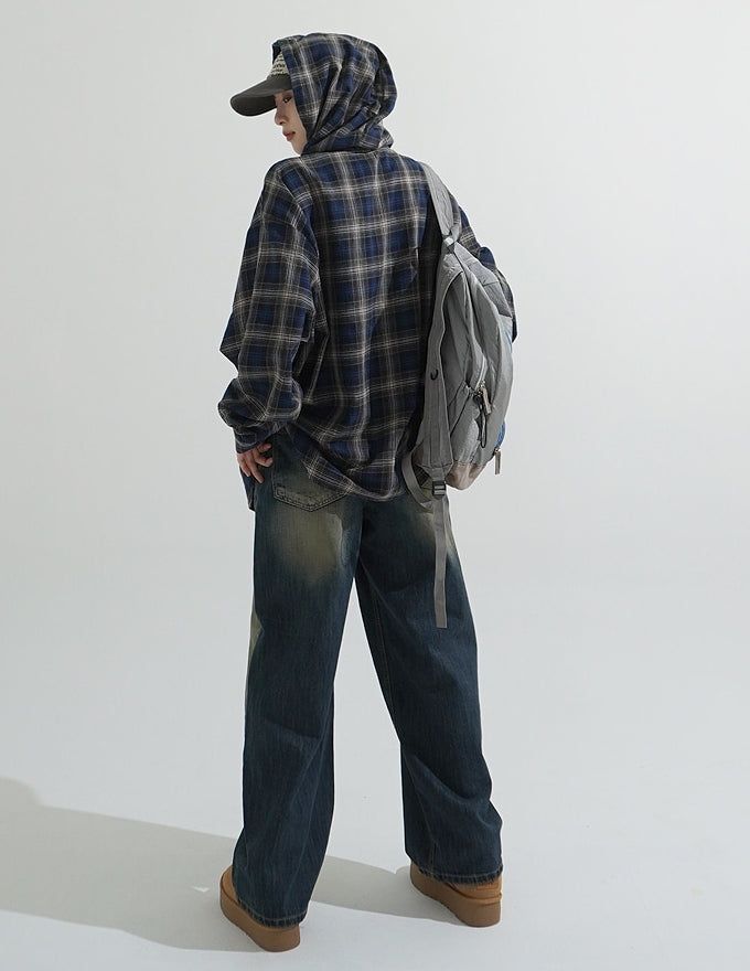 Retro flannel check hood shirt