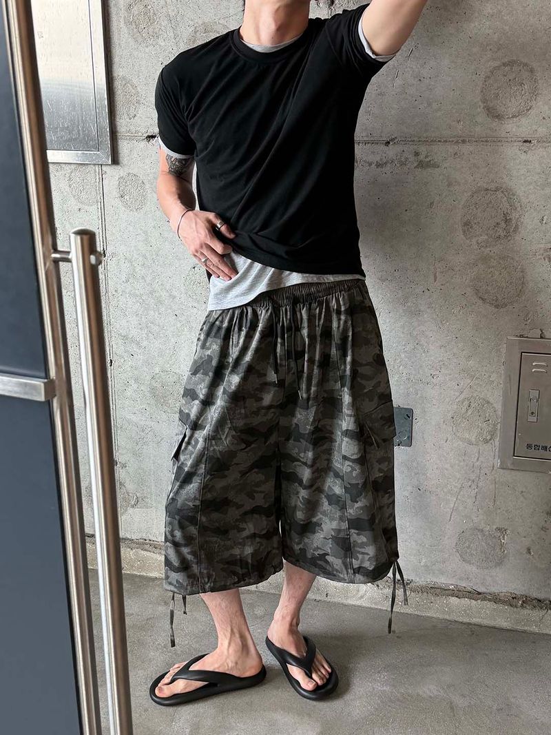 Washed camo cargo bremuda pants(2color)
