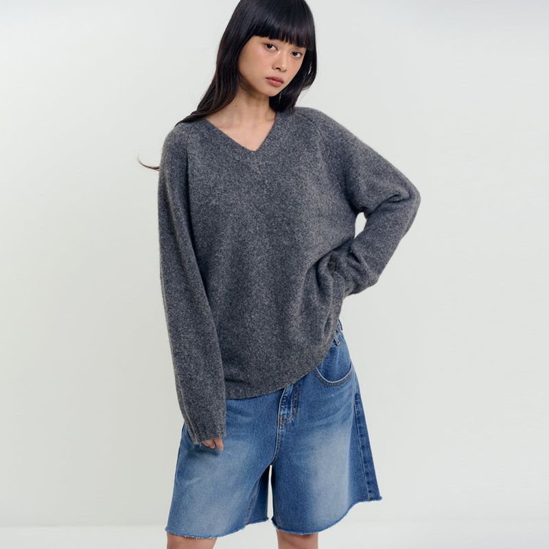 Soft Brushed V-Neck Knit Charcoal