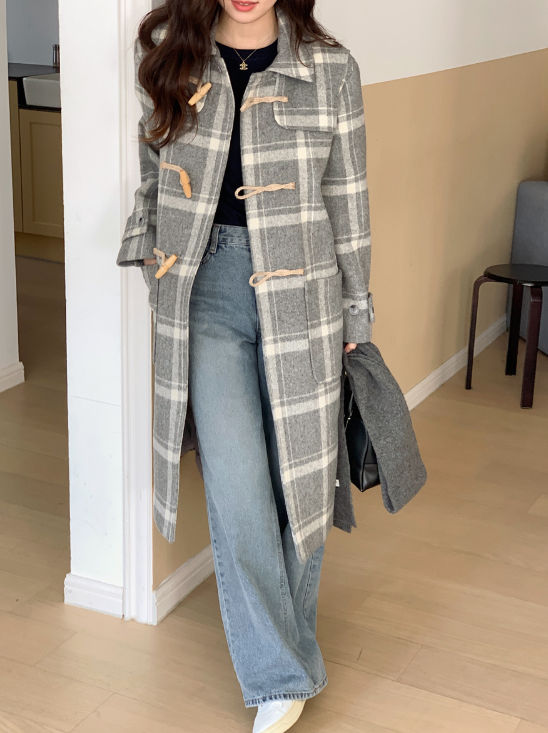 [SHOPPERMADE] Ash Gray Check Wool Long Duffle Coat
