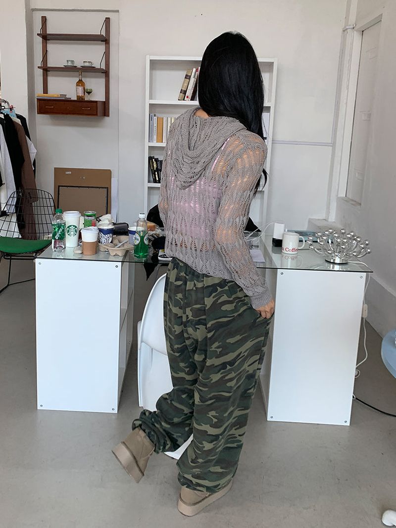 NET SEE-THROUGH KNIT HOOD ZIP-UP
