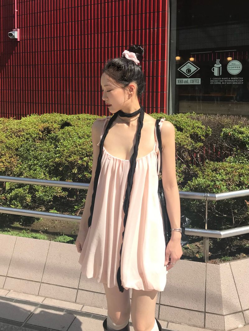 Peach Hug Ribbon Slip Pumkin Sleeveless Mini Dress