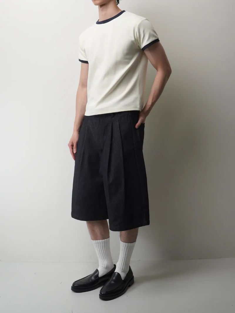 PT9 Pleated Cropped Raw Denim Shorts