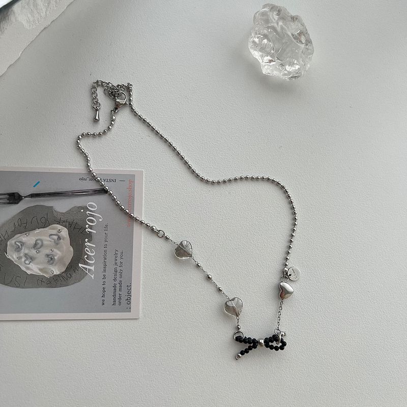 bru Ballet Core Stainless Steel Titanium Ribbon Black Beads Heart Short Layered Necklace