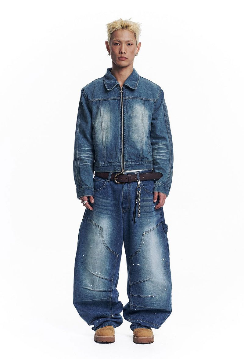 Washed Crop Track Denim Jacket - Deep Blue
