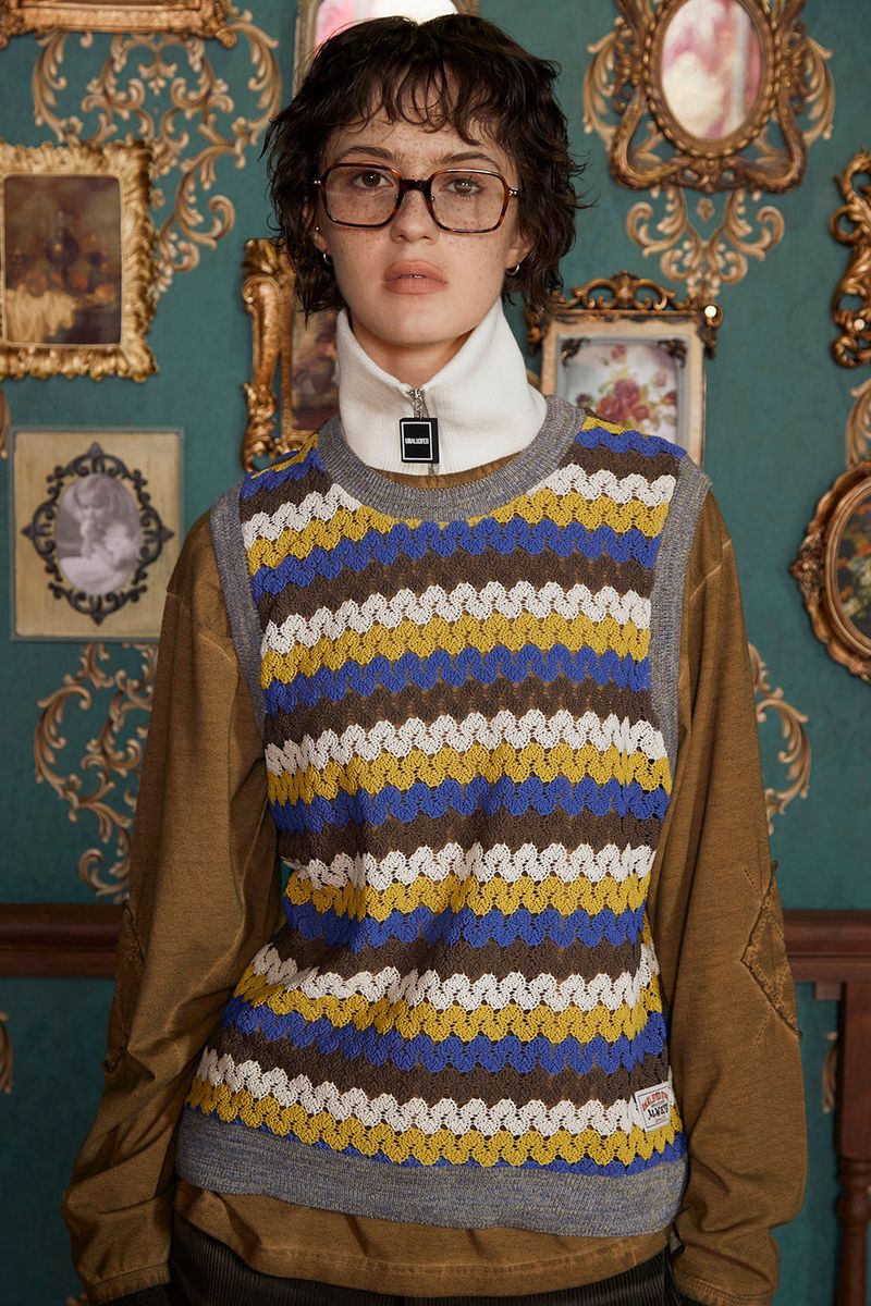 STRIPE CROCHET KNIT VEST / YELLOW