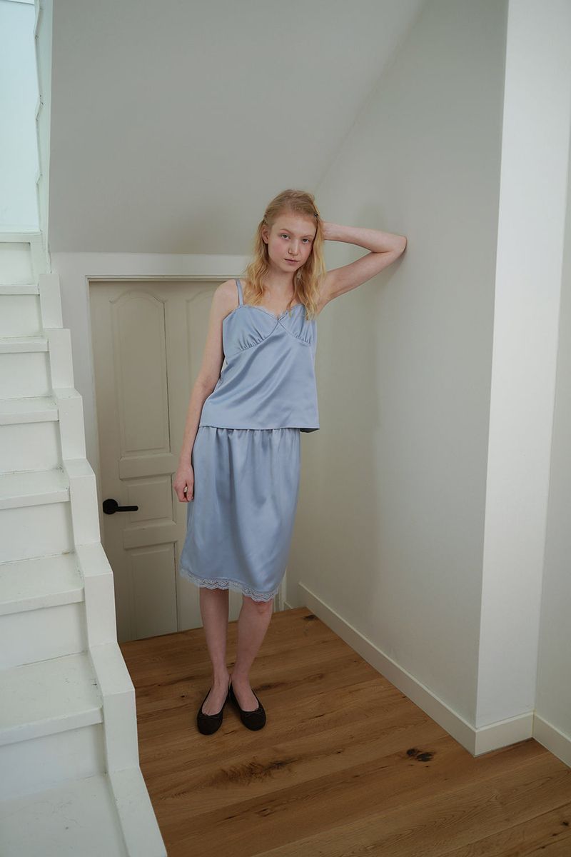 Satin lace top_skyblue