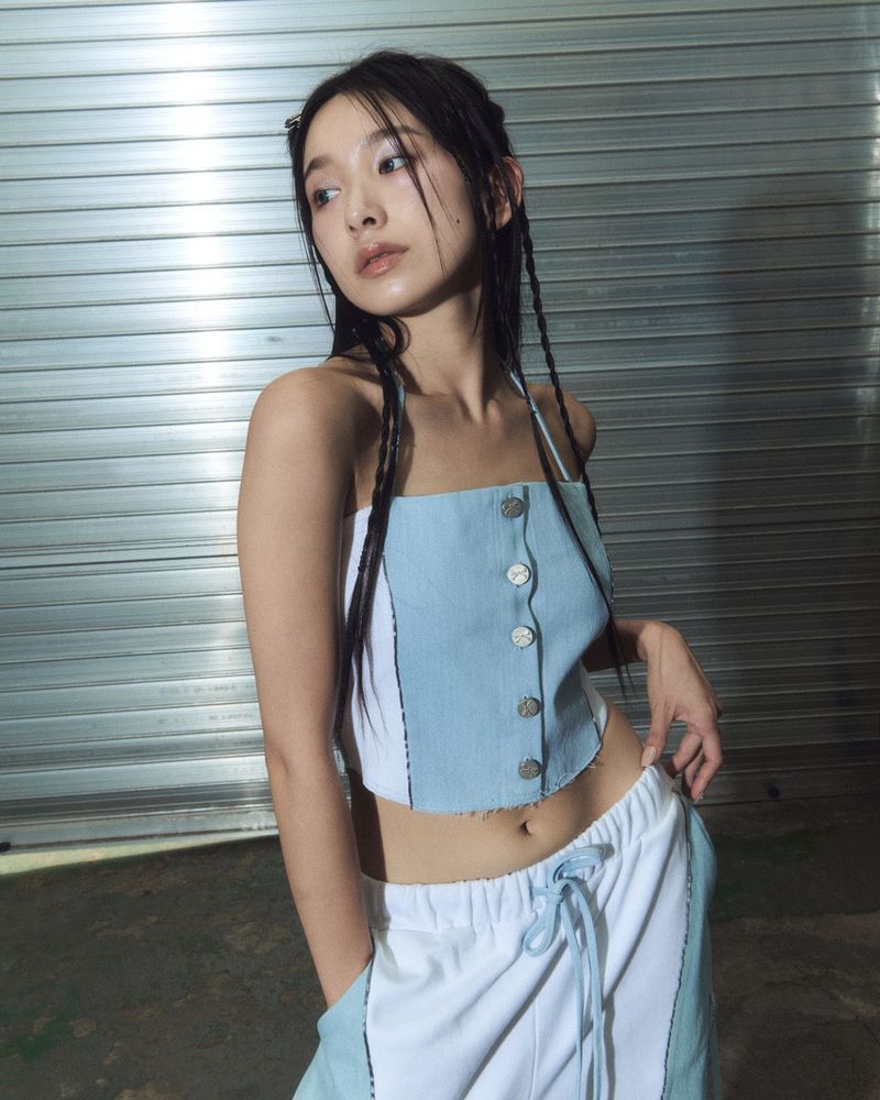 denim combi top - white