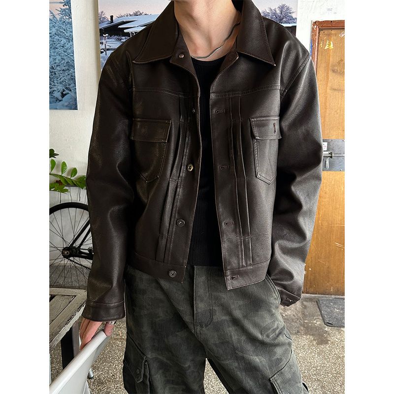  [F/W] Pin tuck leather trucker jacket(3color)