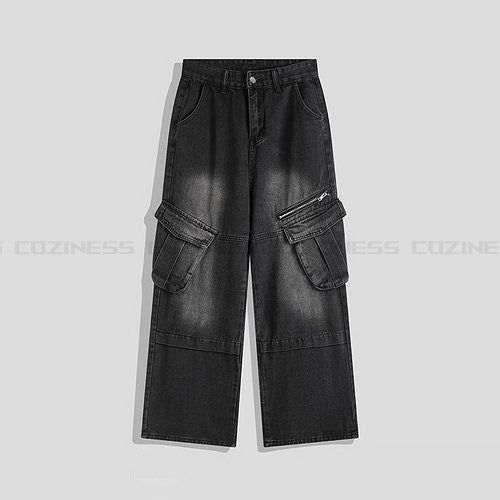 Ford Diagonal Zipper Cargo Wide Denim Pants (DP37657)