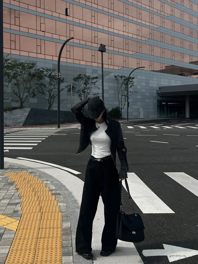 Y2K Back Point X Strap Bijo Wide Loose Fit Denim Long Pants (Black)