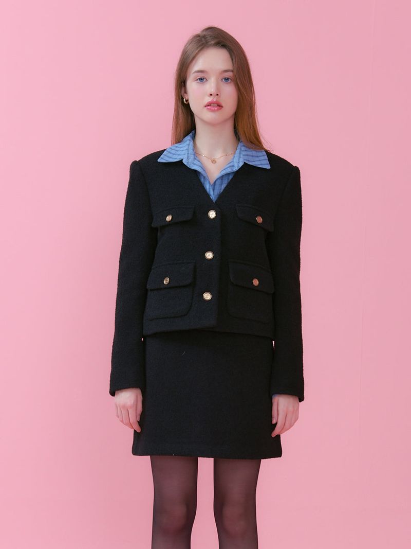 JENNY V NECK POCKET TWEED JACKET_BLACK