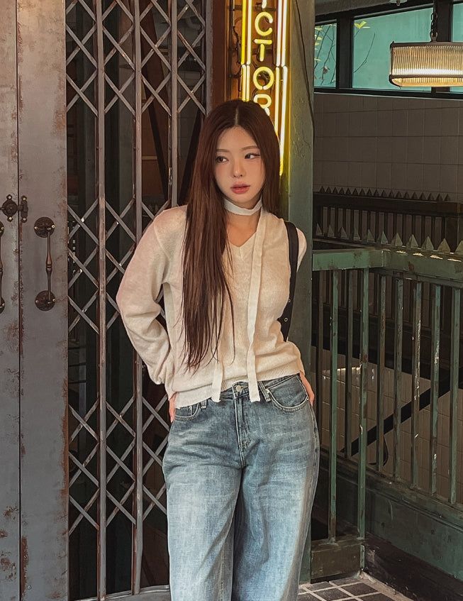 [Muffler set] Nana Wool V-neck Knit