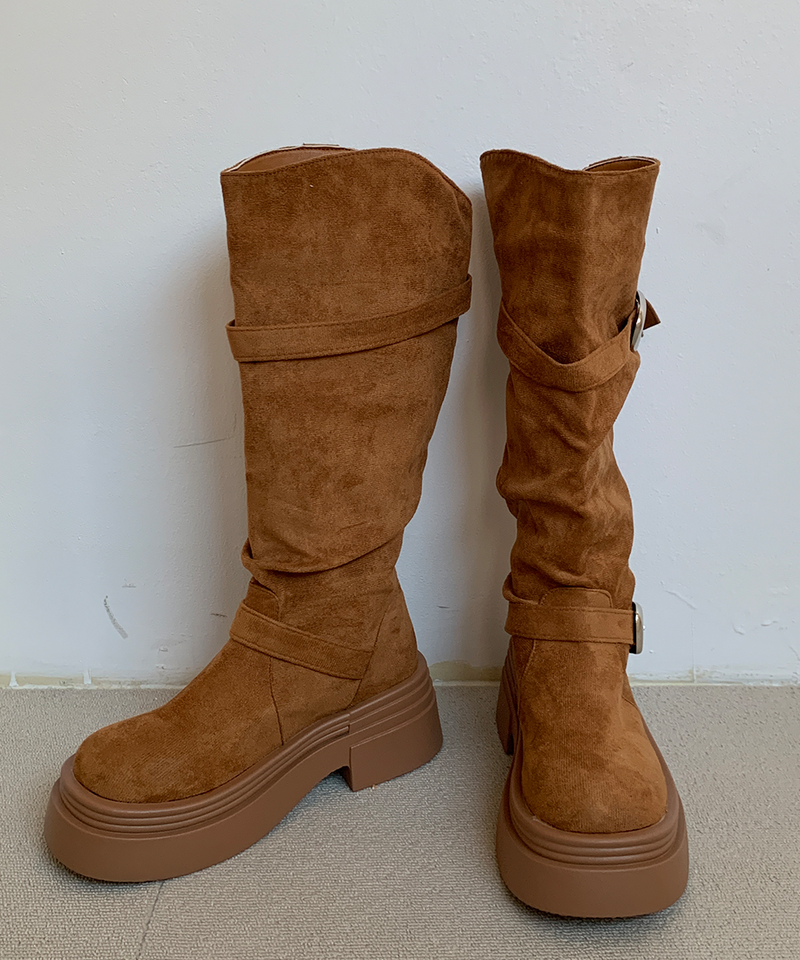 line suede buckle slouch long bootS