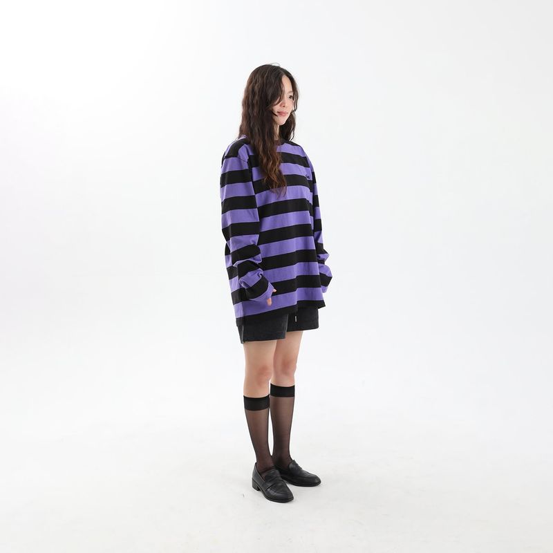 Striped Round Long Sleeve T-Shirts BK/PU