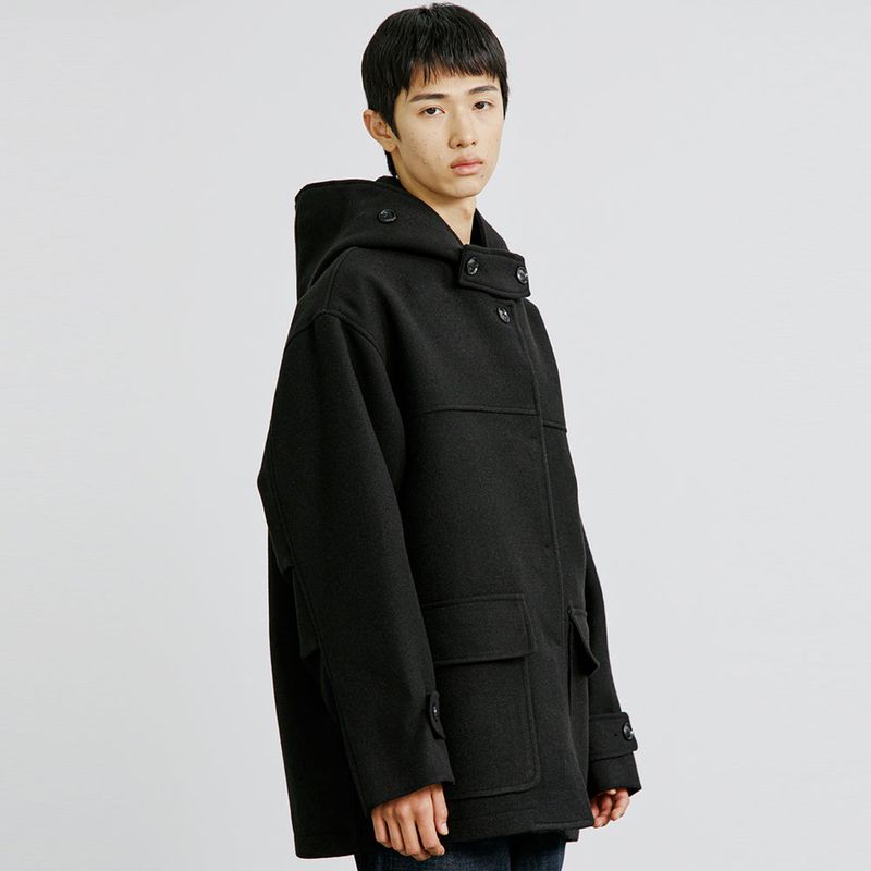 WOOL BLENDED FIELD HOOD COAT BLACK