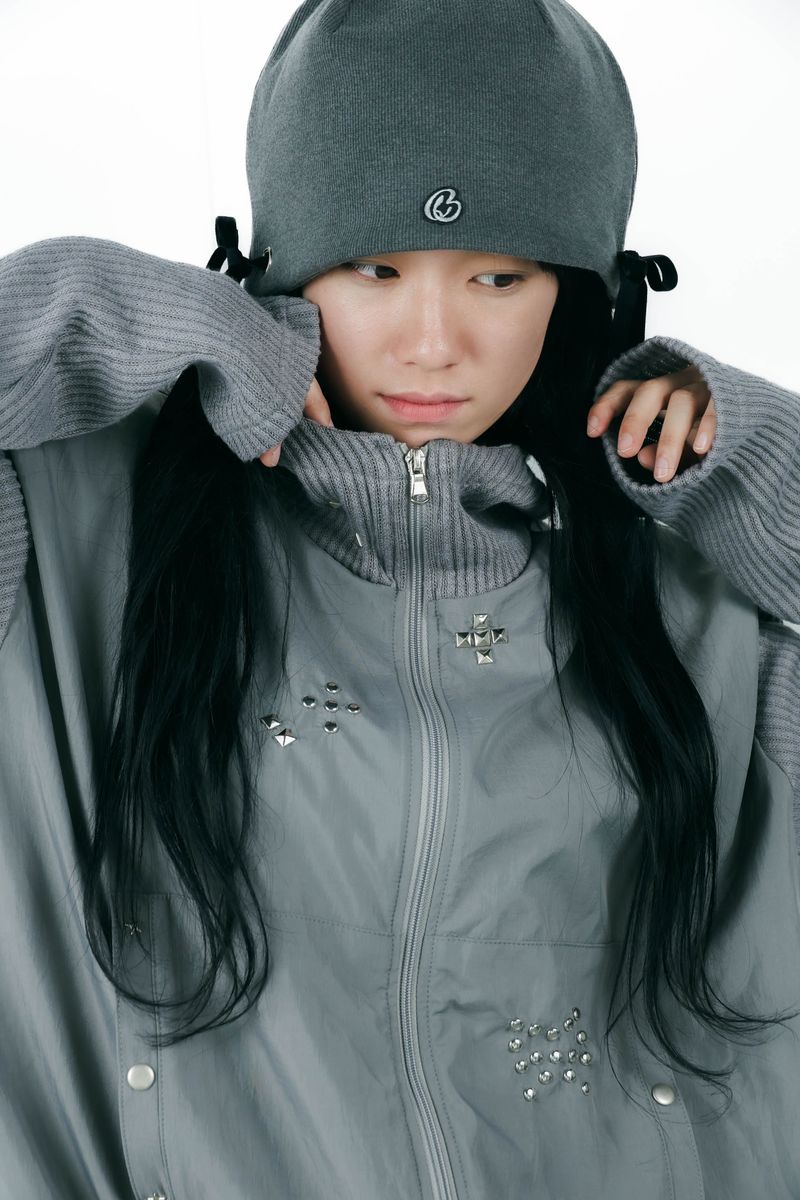 studs nylon knitzip hoodie(gray)