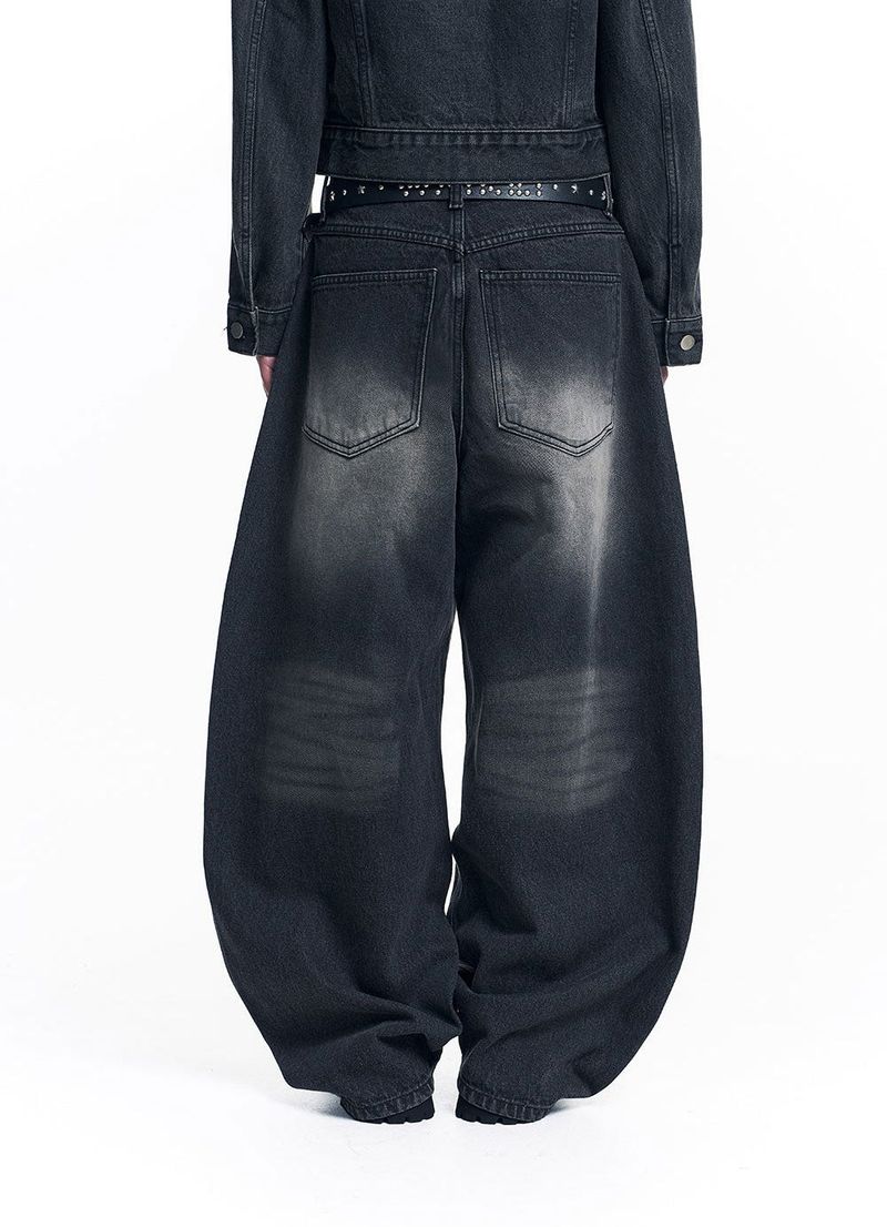 Curved Western Stud Denim Pants - Black