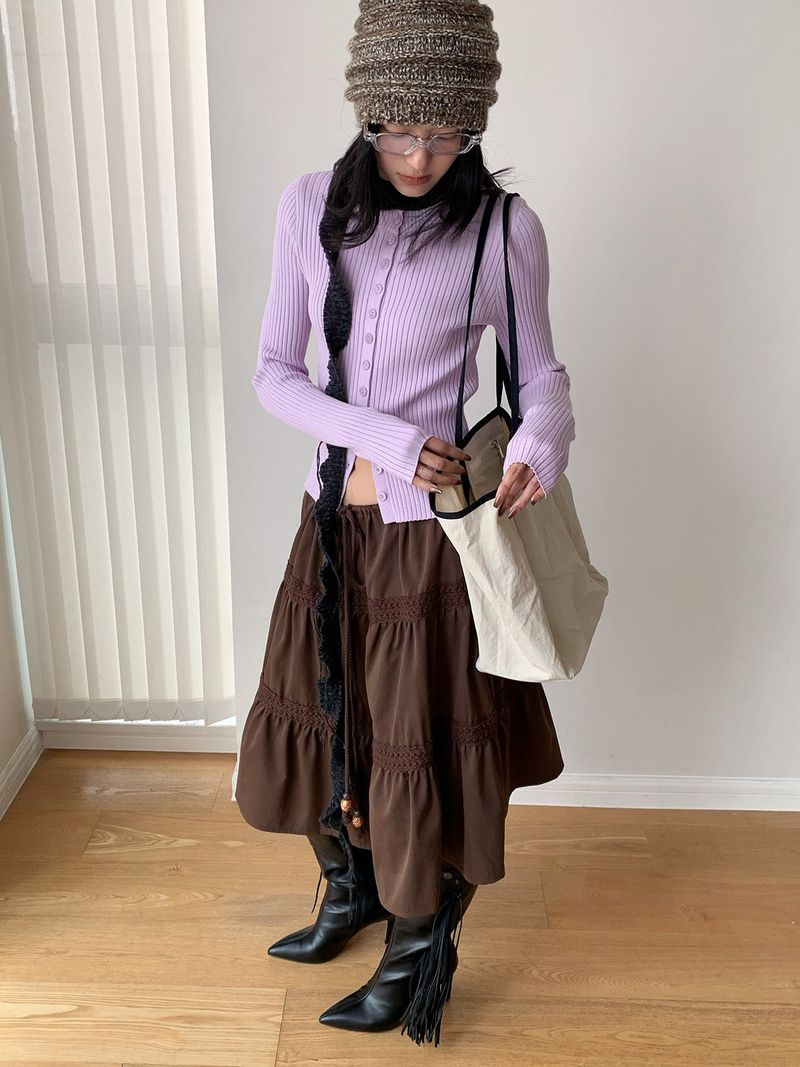 Color Round Neck Ribbed Button Cardigan