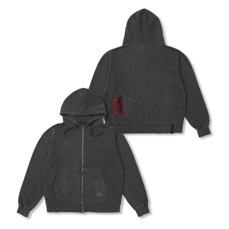 STIGMA(スティグマ)の「Applique STGM Pigment Washed Oversized Zip-up Hoodie Charcoal / Sky Blue(Tops)」