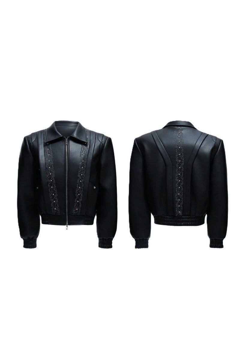 Embroidered Deconstructed Cropped Leather Jacket