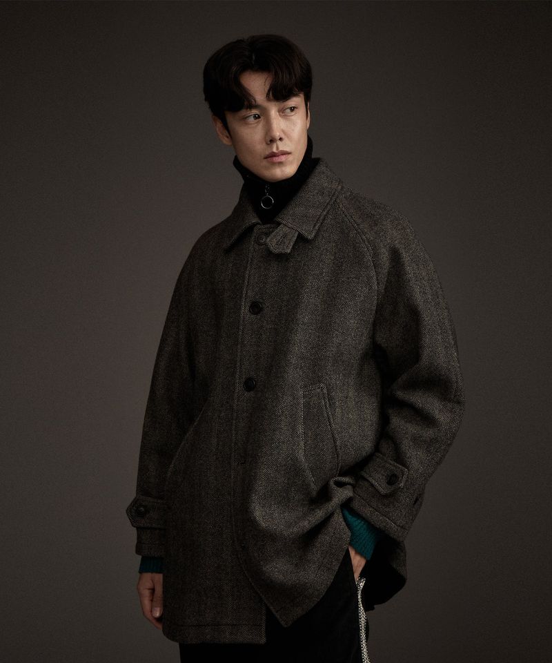 BALMACAAN HERRINGBONE WOOL CASHMERE HALF COAT BLACK
