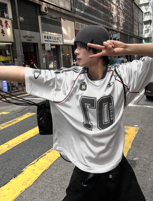 Matte Black & Silver White Mesh Track Short-Sleeve Tee