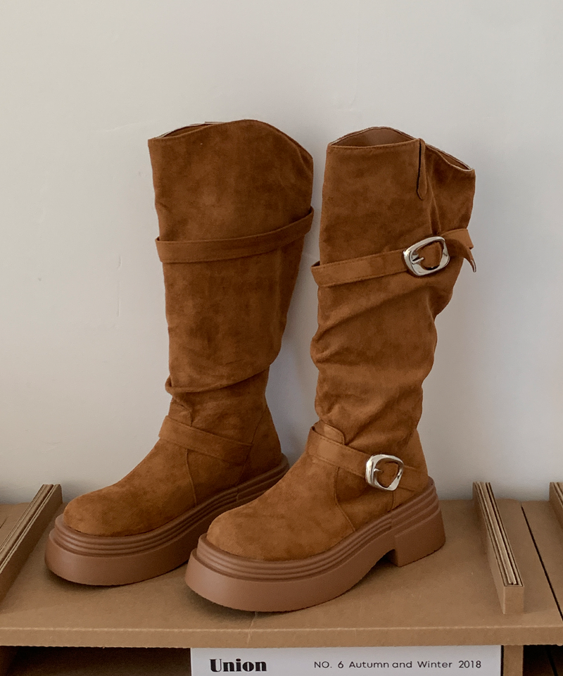 line suede buckle slouch long bootS