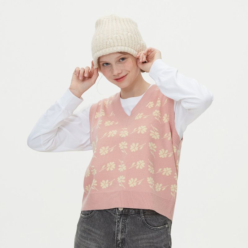 FLOWER JAQUARD KNIT VEST_PINK