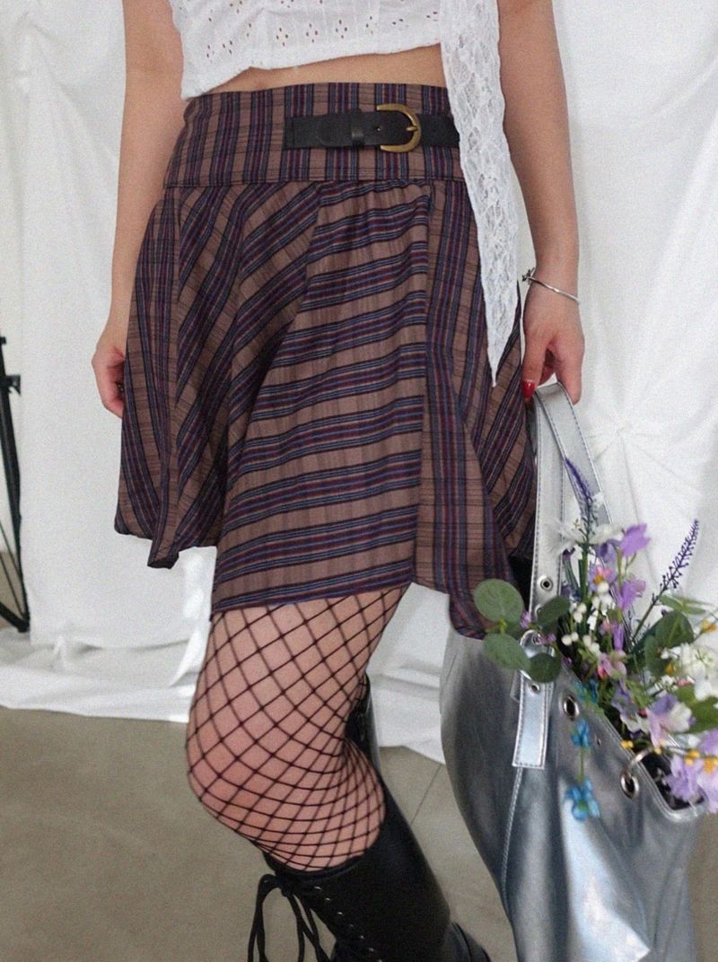 VINTAGE STRIPE ASYMMETRICAL BUCKLE WRAP SKIRT