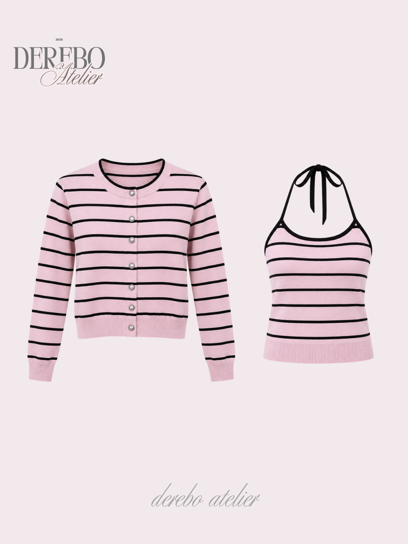 Pink Stripe Inner Cardigan Two-Piece Set