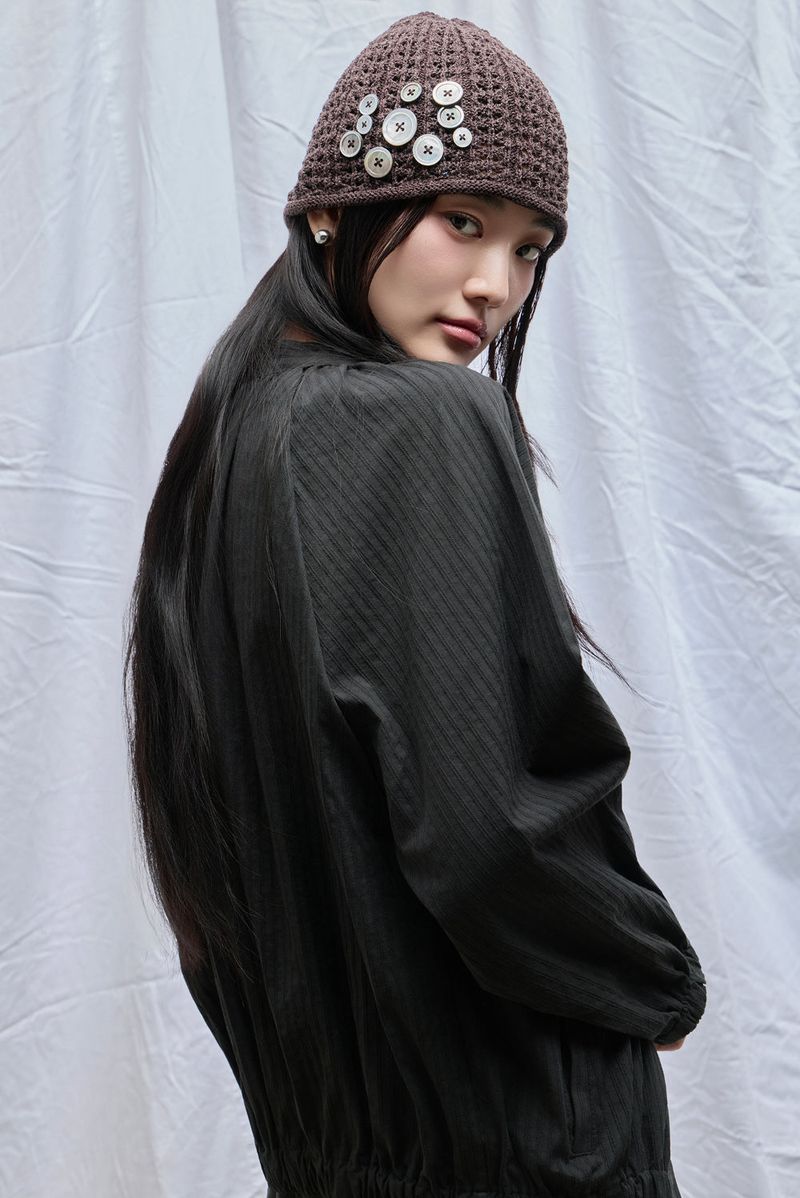 Button Knit Beanie_Brown