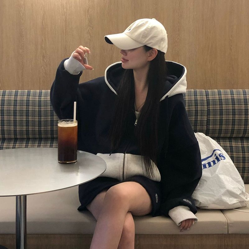 [BELLIDE MADE] two-tone coloring wool boxy hooded zip-up