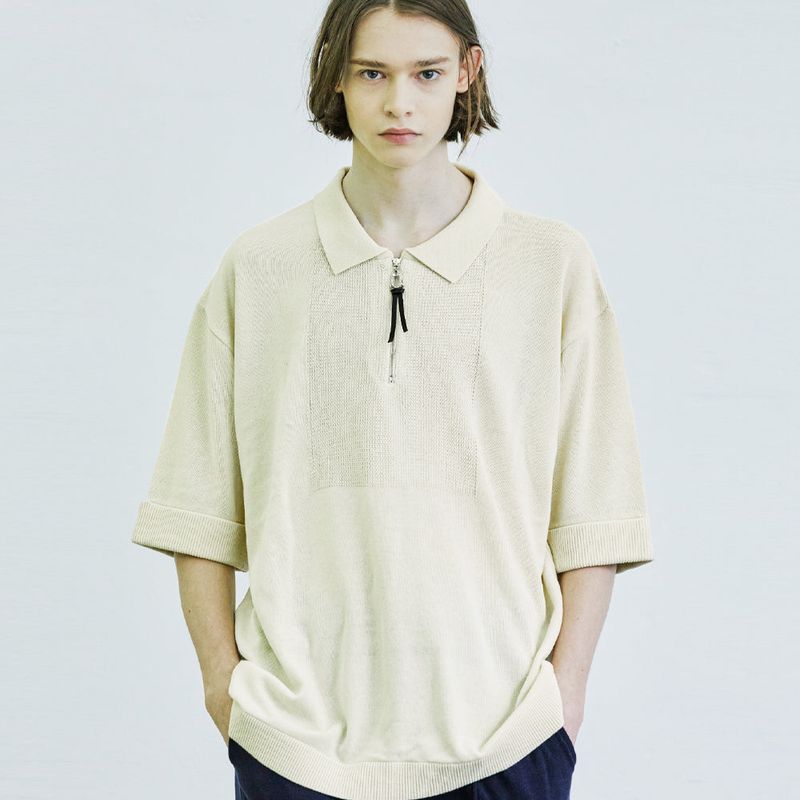 square chest zipper-up polo knit t-shirt cream