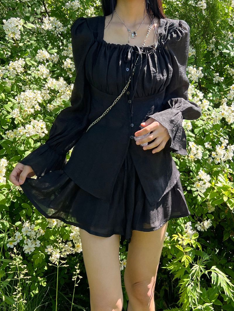 Ribbon puff strap blouse skirt pants setup SET (3 colors)