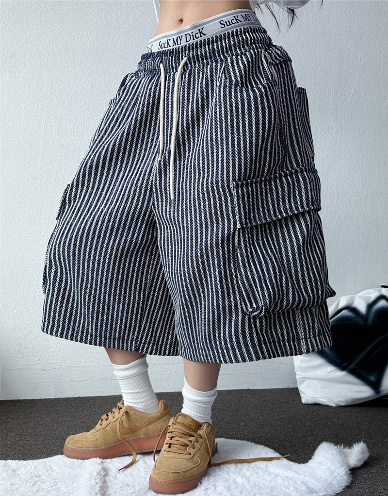 STRIPE CARGO BALLOON BERMUDA 💙🖤🤍2COLOR