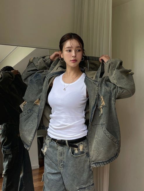 Damage Two Way Denim Hooded Jacket