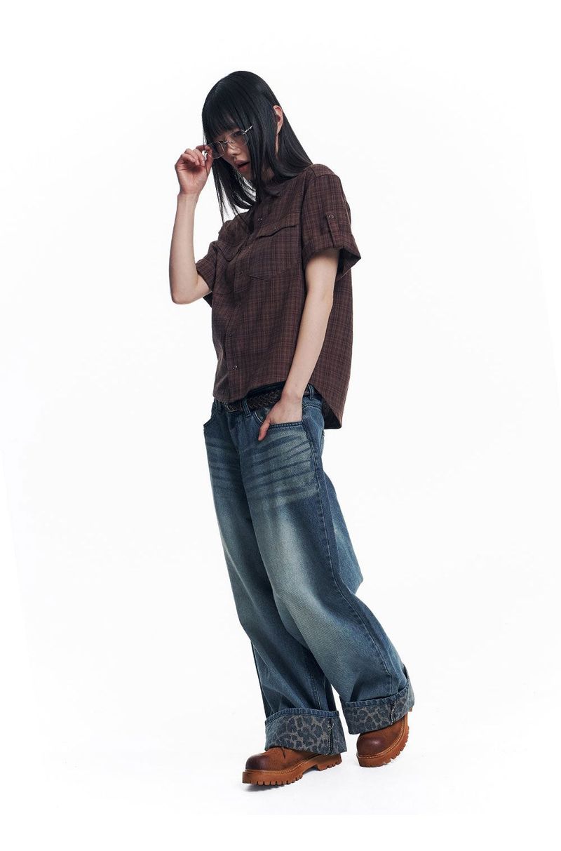 Leopard Cross Patch Roll-Up Denim Pants - Deep Blue