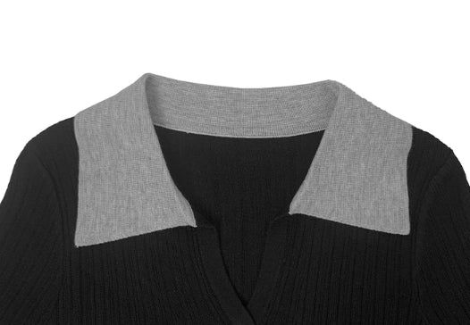 Elti Collar Color Matching Slim Ribbed Knit