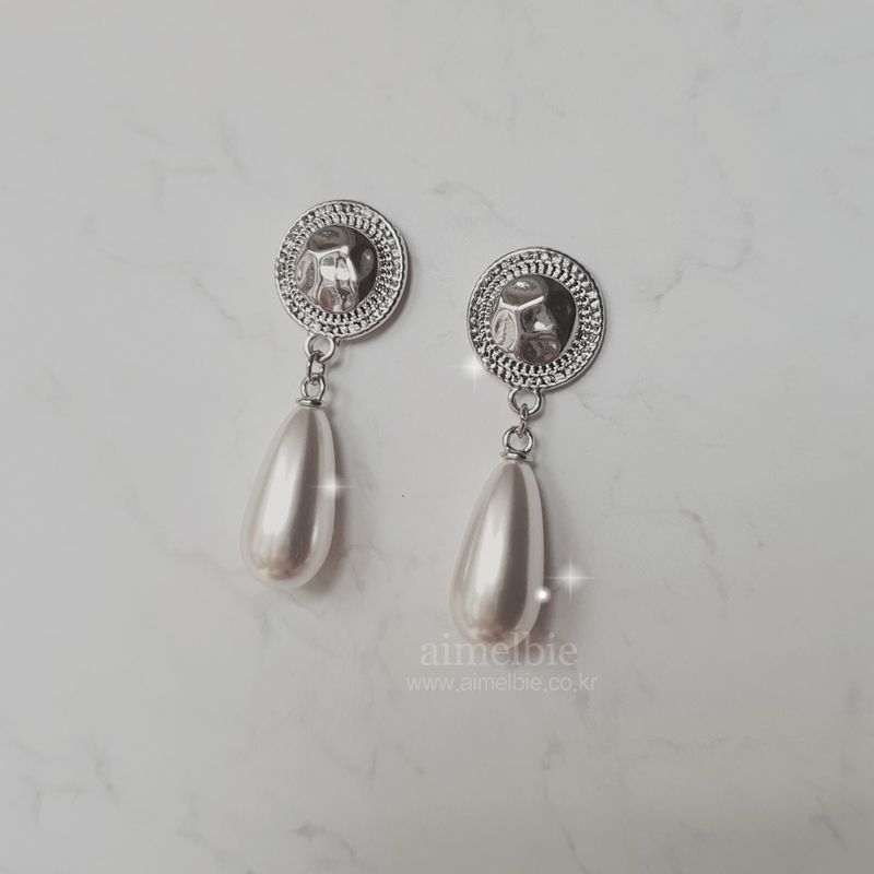 Ethnic Button and Long Pearl Earrings - Silver Color