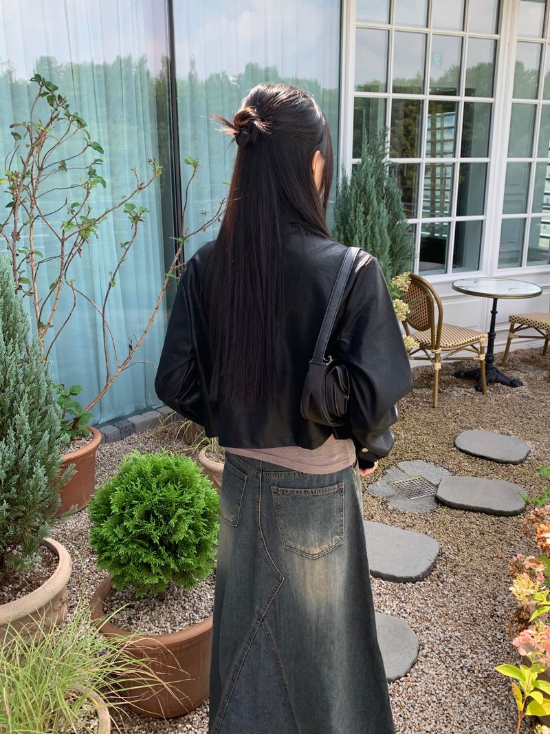 [MADE] Lawson wide collar slim crop crack leather leather jacket