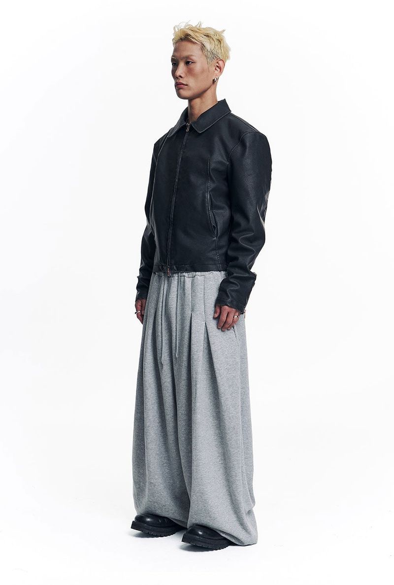 Washed Leather Crop Jacket - Black